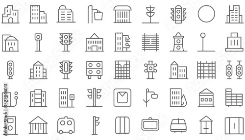 A vector icon set of real estate business symbols features diverse designs for web and app illustrations