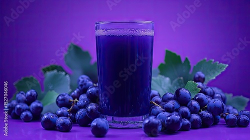 Purple grape juice in a glass with fresh grapes.