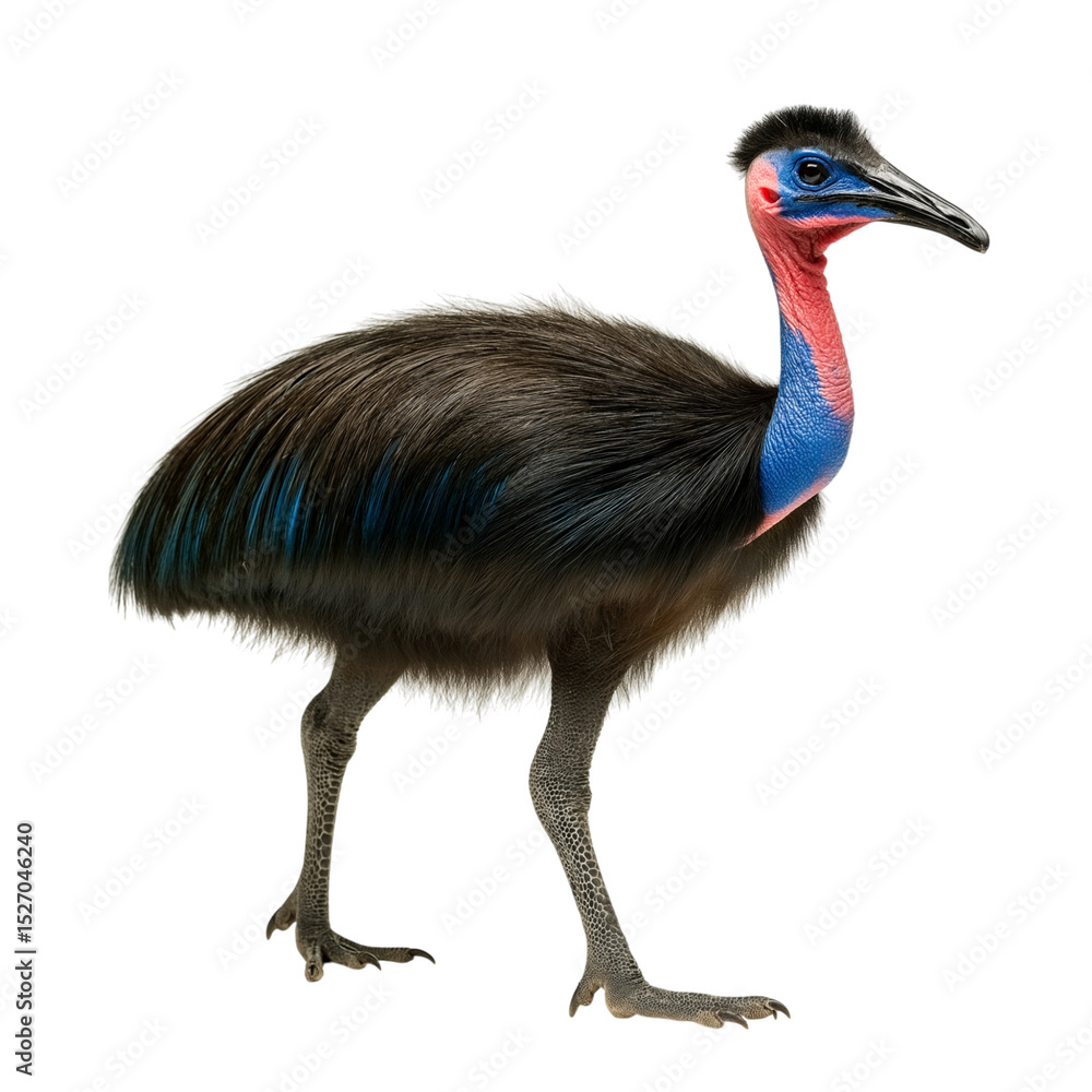 Obraz premium Side view of a cassowary walking confidently through the rainforest isolated on a white solid background, detailed wildlife portrait showcasing vibrant colors, strong legs, and natural posture