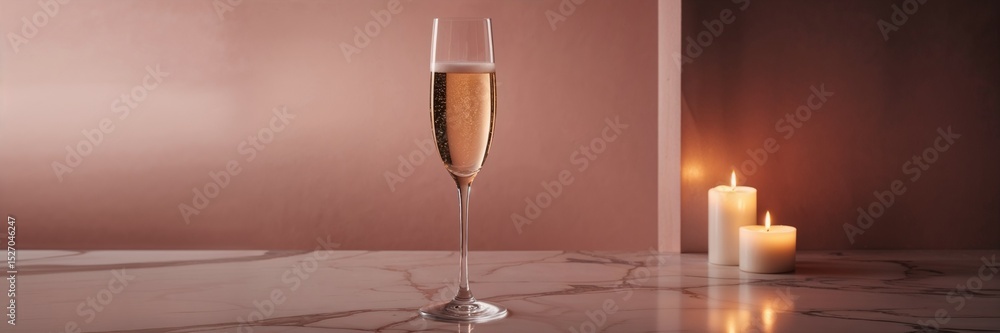 Single champagne glass filled with sparkling wine and two lit candles on marble top. Celebration toast concept for holiday. Single champagne glass filled with sparkling wine and two lit candles on marble top. Celebration toast concept for holiday.
