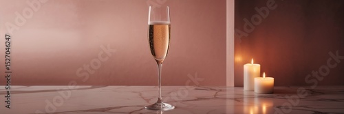 Wallpaper Mural Single champagne glass filled with sparkling wine and two lit candles on marble top. Celebration toast concept for holiday. Torontodigital.ca