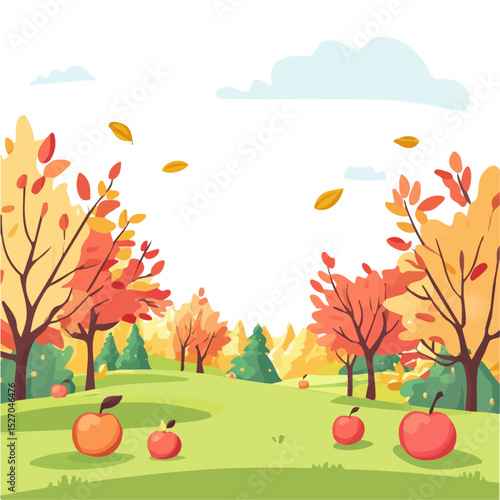 Apple Orchard In Fall vector 2D flat illustration, isolated on a white background.