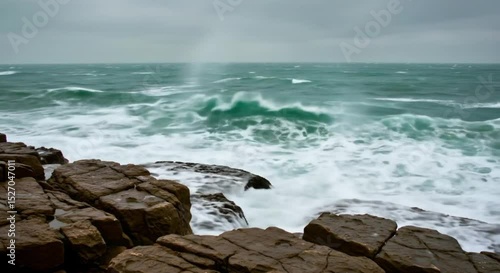 Crashing waves on rocky shore under dramatic cloudy sky, powerful ocean scenery