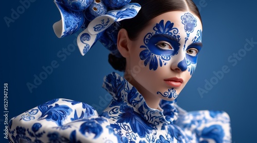 Woman in blue and white patterned clothing with face paint