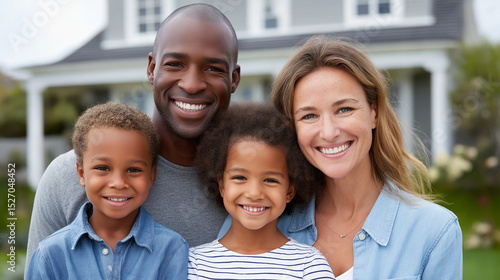 A multiethnic family proudly stands in front of their new home