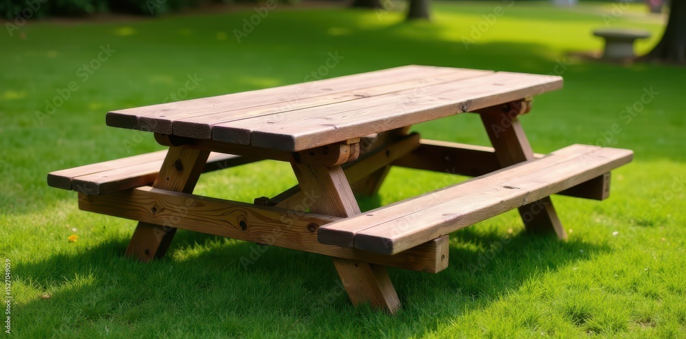 Fototapeta premium Aged wood picnic table, classic checkered tablecloth, texture, background, farm