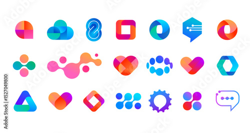 Collection of abstract tech logos. Cyber, communications, biotech and healthcare concept icon set.