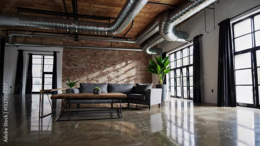 View of living room interior in a loft with industrial style, featuring ...