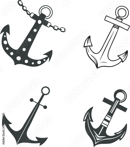 Set of Four Unique Anchor Illustrations Featuring Chain, Polka Dots, Classic Crossbar, and Decorative Line Details in Monochrome on Plain Background