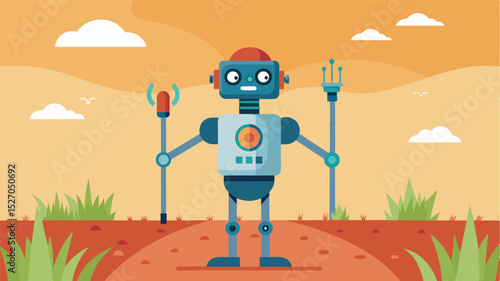 A smart robotic scarecrow equipped with AI sensors that can detect and deter pests from entering the fields.. Vector illustration