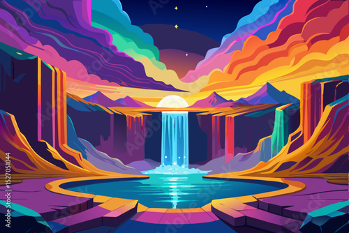 Northern lights aurora over a fantasy landscape with a rainbow, stars, and moon