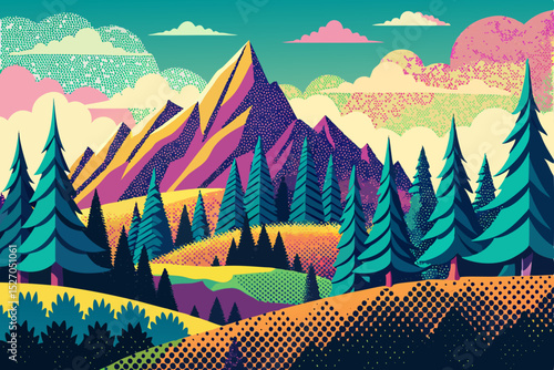 Green cartoon landscape vector with trees mountains and sky