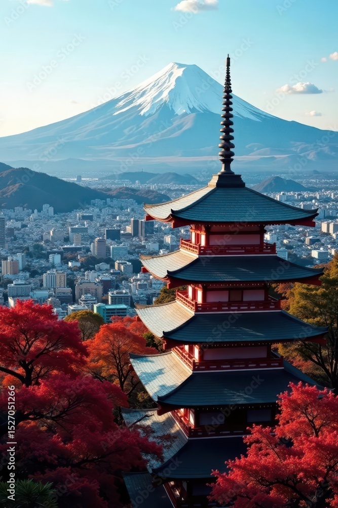 Fototapeta premium Elegant pagoda overlooking Japanese city, distant Fuji peak, mountain, fuji