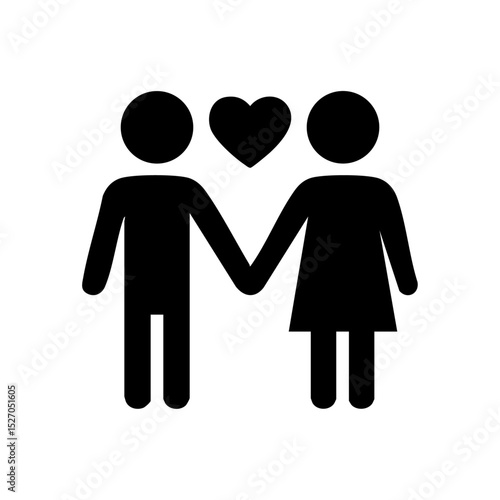Minimalist vector icon of a couple holding hands with a heart symbol between them.

