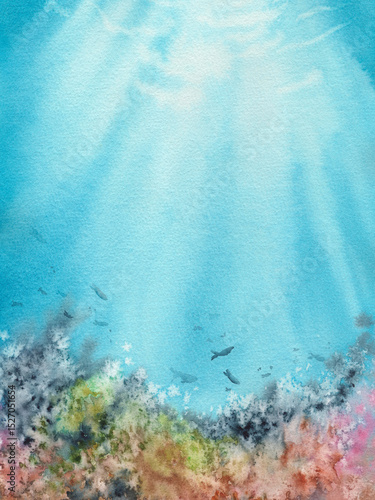 Handmade blue underwater watercolor background with corals and fishes. Rays of light under water in the sea.