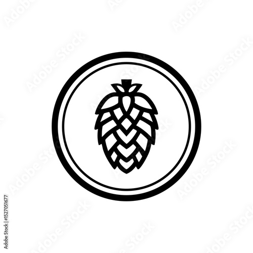 Minimalist vector icon of a hop cone encased in a round frame. Clean black logo symbolizing craft beer, brewing, and hops.




