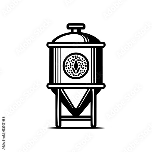 Black minimalist vector of a mash tun with grains for brewing design. Industrial fermenter logo symbolizing craft beer or distilling.



