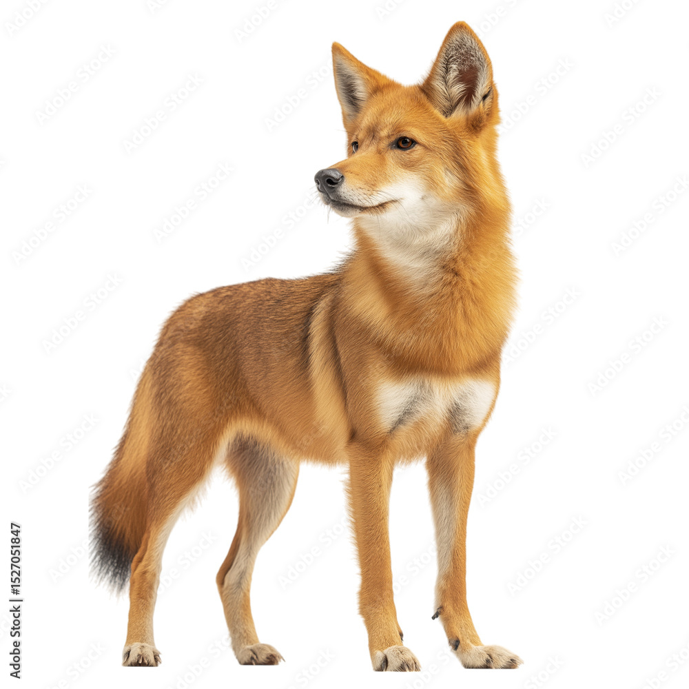 Fototapeta premium Side view of a dhole standing alert in the forest, isolated on a white background, realistic stock photograph showing wild dog posture and reddish fur, ideal for wildlife, nature