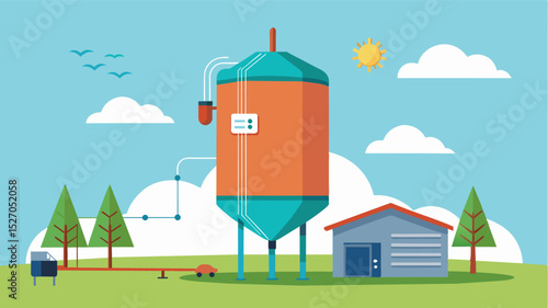 A temperaturecontrolled feed storage silo using sensors to track moisture levels and preventing spoilage of feed.. Vector illustration