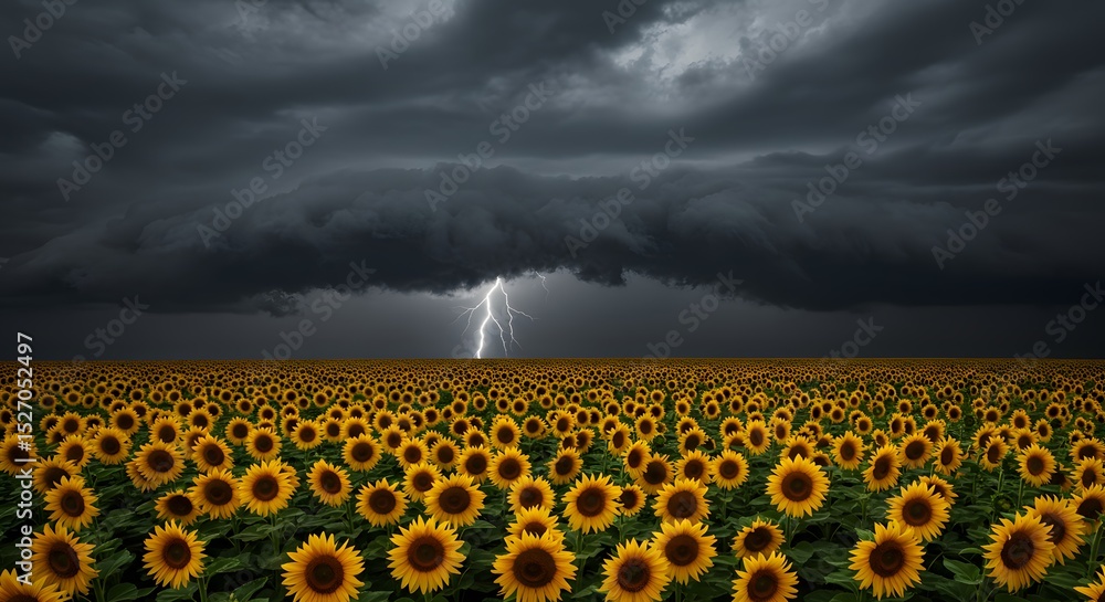 Obraz premium Sunflowers Field Under Dramatic Stormy Sky with Lightning Strike