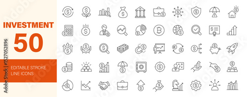 Investment icon set. Containing investor, mutual fund, asset, dividend, economy, financial, stock, capital, risk, inflation, portfolio and more. Editable line icons. Vector illustration.