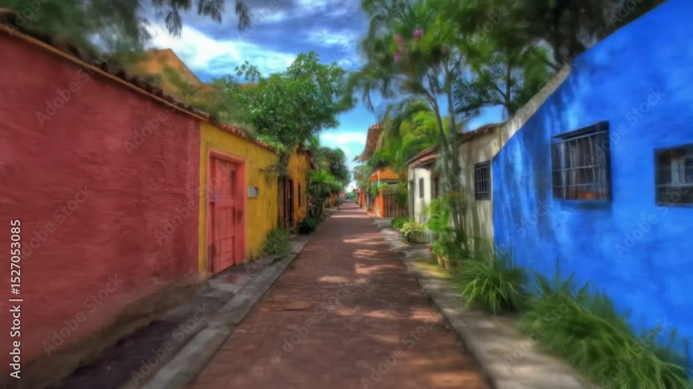 Colorful alleyway lined with vibrant houses. Lush greenery and terracotta path Colorful alleyway lined with vibrant houses. Lush greenery and terracotta path