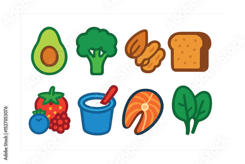 Flat vector icons of healthy food items: avocado, broccoli, nuts, whole grain bread, berries, yogurt, salmon, spinach.