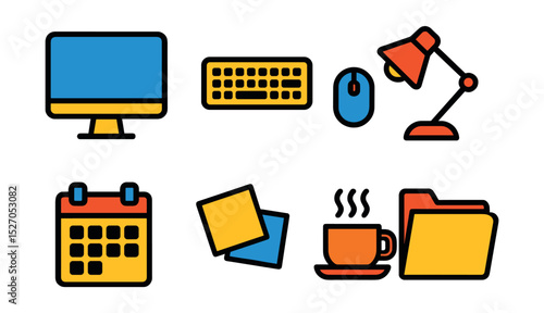 Flat vector icons of office essentials: desktop computer, keyboard, mouse, desk lamp, calendar, sticky notes, coffee cup, file folder.