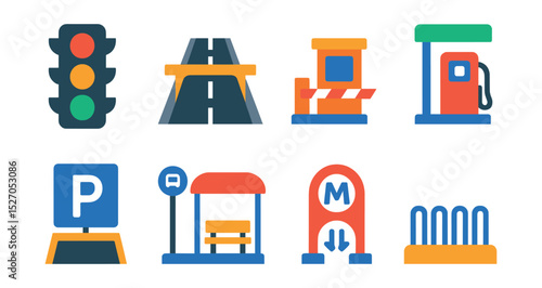 Flat vector icons of transportation infrastructure: traffic light, highway, toll booth, gas station, parking lot, bus stop shelter, metro entrance, bike rack.