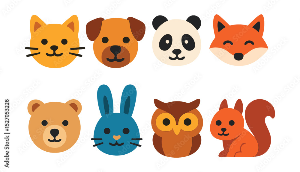 Flat vector icons of adorable animals: cat, dog, rabbit, panda, fox, bear, owl, squirrel. Flat vector icons of adorable animals: cat, dog, rabbit, panda, fox, bear, owl, squirrel.