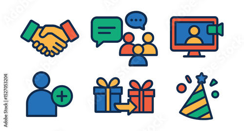 Flat vector icons of social interactions: handshake, chat bubble, group discussion, video call, friend request, gift exchange, notification bell, party hat.