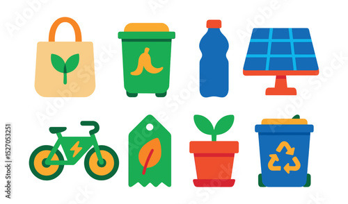 Flat vector icons of eco lifestyle: reusable bag, compost bin, water bottle, solar panel, electric bike, eco label, plant pot, recycling bin.