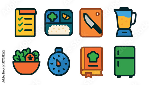 Flat vector icons of food prep & meal planning: grocery list, meal prep box, cutting board, blender, salad bowl, timer, recipe book, fridge.
