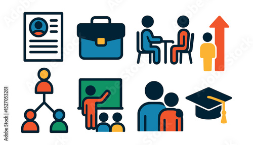 Flat vector icons of career development: resume, briefcase, job interview, promotion arrow, networking, training seminar, mentorship, graduation cap.