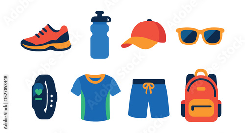 Flat vector icons of outdoor workout gear: running shoes, water bottle, cap, sunglasses, fitness tracker, breathable shirt, shorts, backpack.