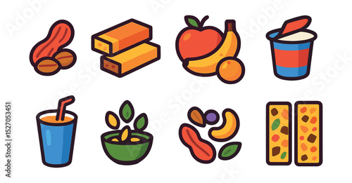 Flat vector icons of fitness nutrition snacks: nuts, protein bars, fruits, yogurt, smoothies, seeds, trail mix, granola bars.