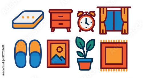 Flat vector icons of bedroom comfort: mattress, bedside table, alarm clock, window with curtains, slippers, wall art, indoor plant, rug.