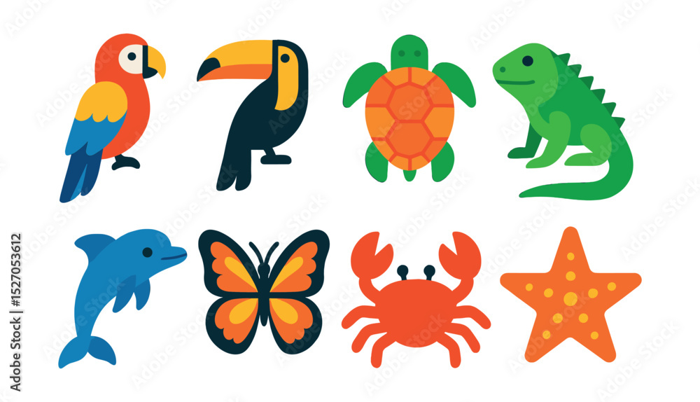 Fototapeta premium Flat vector icons of tropical animals: parrot, toucan, sea turtle, iguana, dolphin, butterfly, crab, starfish.