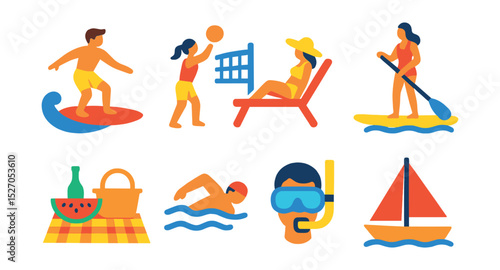 Flat vector icons of summer activities: surfing, beach volleyball, sunbathing, paddleboarding, beach picnic, swimming, snorkeling, sailing boat.