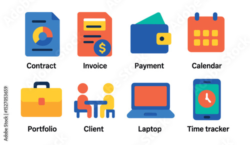 Flat vector icons of freelance & gig economy: contract document, invoice, payment wallet, calendar, portfolio, client meeting, laptop, time tracker app.