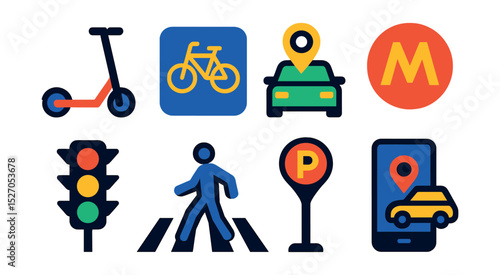Flat vector icons of urban mobility: electric scooter, bike lane, car sharing, metro station, traffic light, pedestrian crossing, parking meter, ride-hailing app.