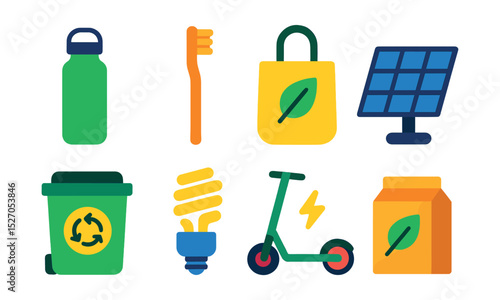 Flat vector icons of eco-friendly products: reusable water bottle, bamboo toothbrush, cloth shopping bag, solar panel, compost bin, energy-saving bulb, electric scooter, plant-based packaging.