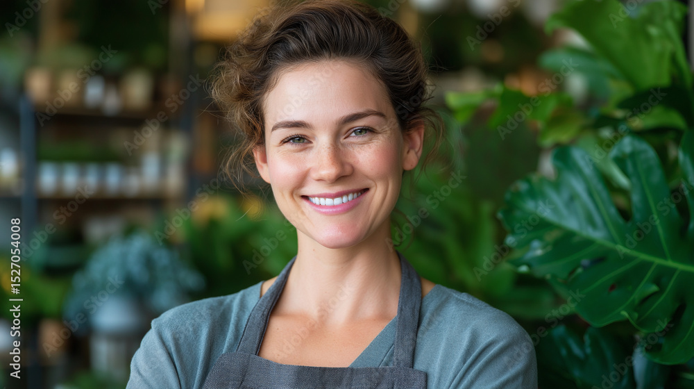 Cheerful Small Business Owner in Vibrant Plant Shop Cheerful Small Business Owner in Vibrant Plant Shop