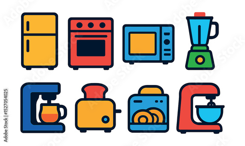 Flat vector icons of kitchen appliances: refrigerator, oven, microwave, blender, coffee maker, toaster, dishwasher, mixer.