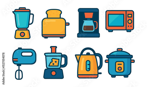 Flat vector icons of kitchen gadgets: blender, toaster, coffee maker, microwave, mixer, food processor, electric kettle, rice cooker.