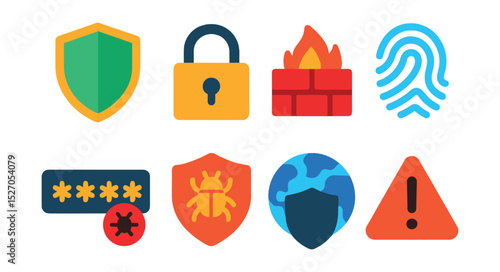 Flat vector icons of cybersecurity elements: shield, lock, firewall, fingerprint, password, antivirus, VPN, alert notification.