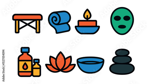 Flat vector icons of wellness spa: massage table, towel roll, aromatherapy candle, facial mask, essential oils, lotus flower, water bowl, zen stones.