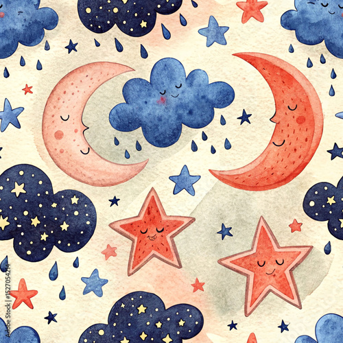 Cute Watercolor Seamless Night Sky Pattern - Stars, Moon & Clouds