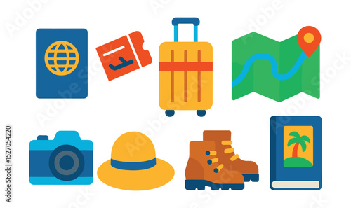 Flat vector icons of travel essentials: passport, boarding pass, suitcase, travel map, camera, sun hat, hiking boots, travel guidebook.