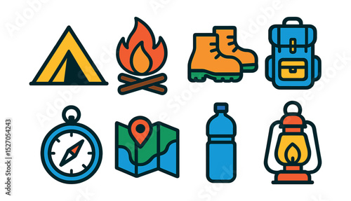 Flat vector icons of outdoor recreation: tent, campfire, hiking boots, backpack, compass, map, water bottle, lantern.